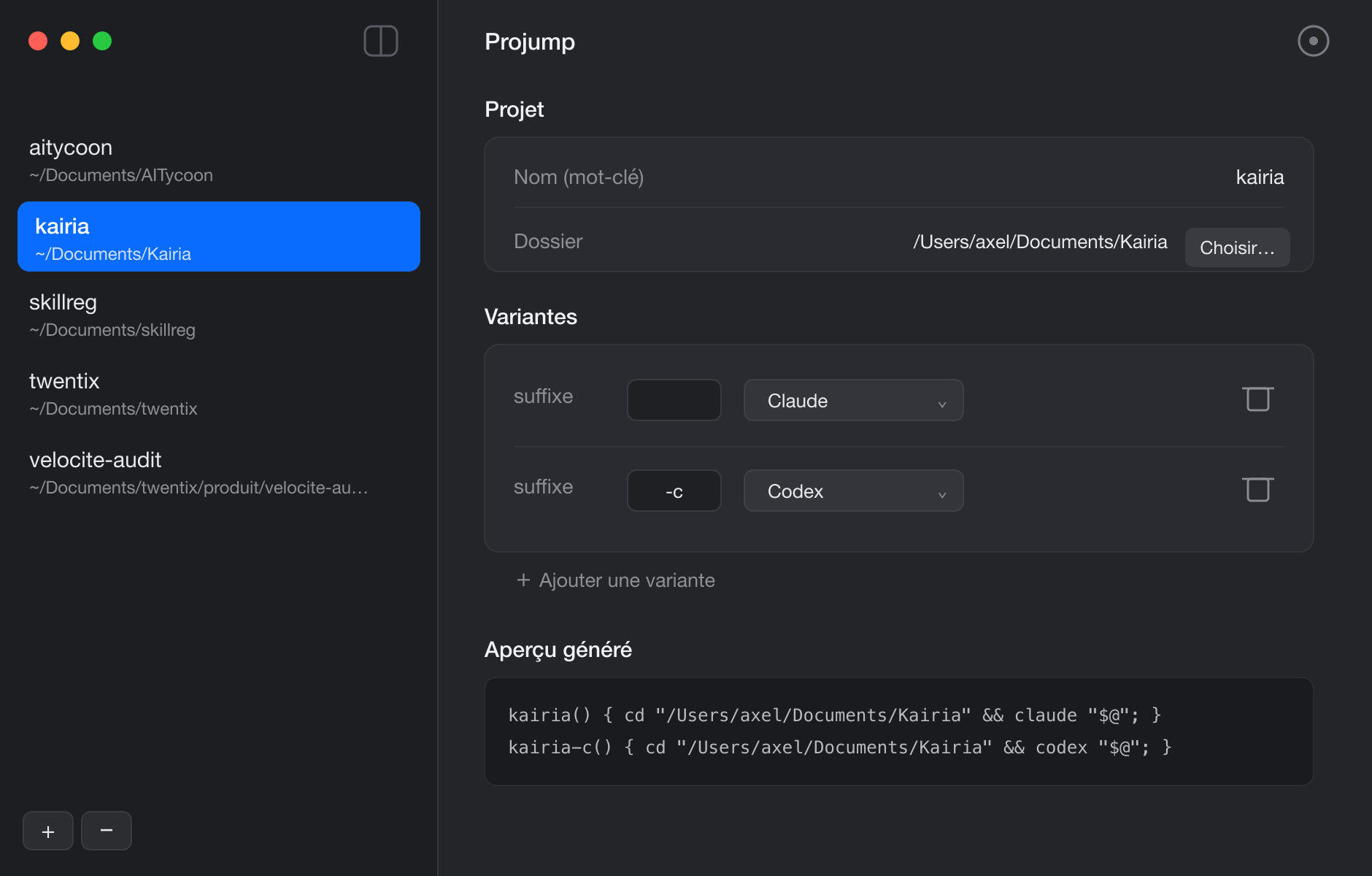 Projump main window: a sidebar of projects, a keyword and folder, Claude and Codex variants, and a live preview of the generated shell functions.
