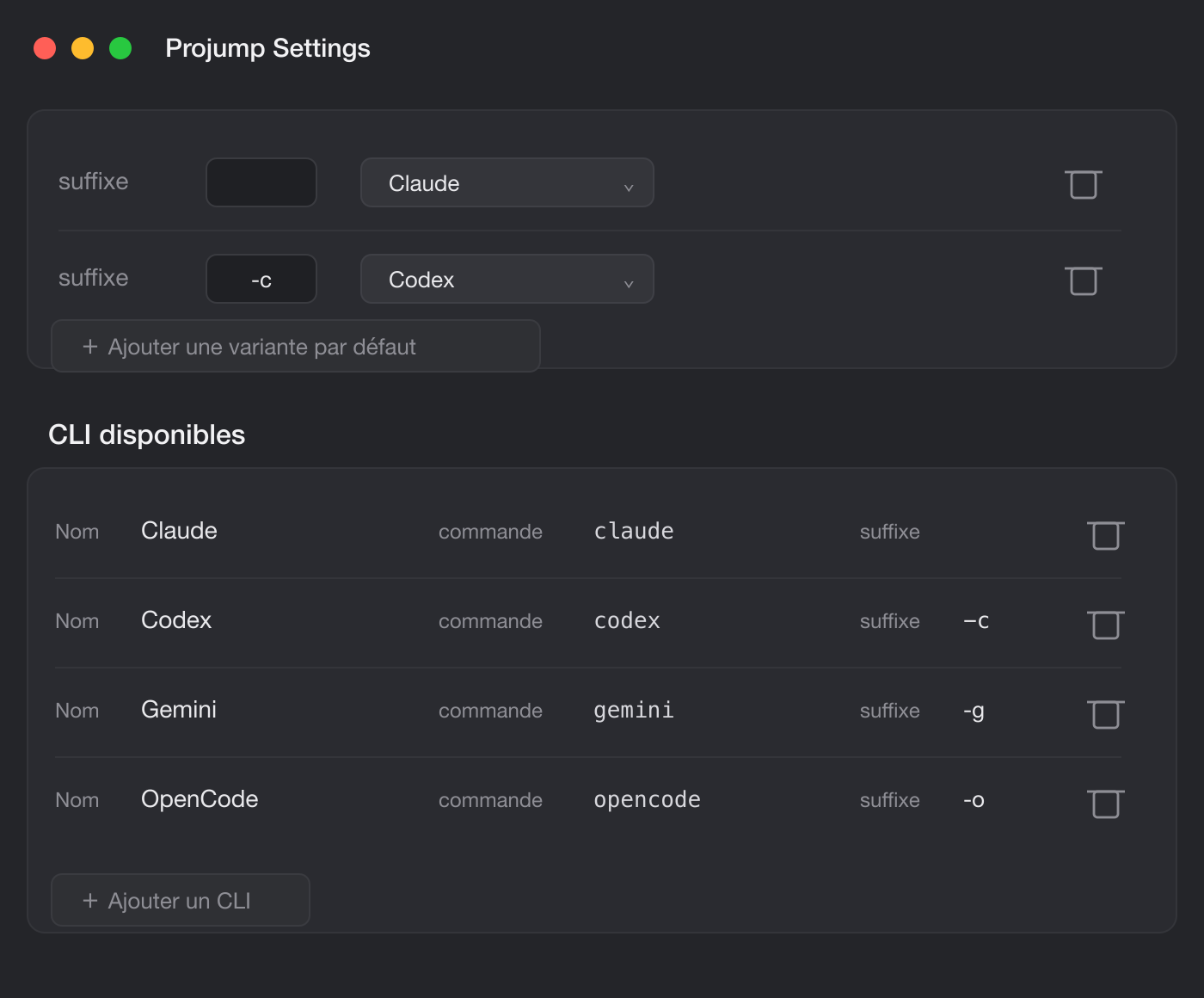 Projump settings: the list of available CLIs (Claude, Codex, Gemini, OpenCode) with their commands and suffixes.